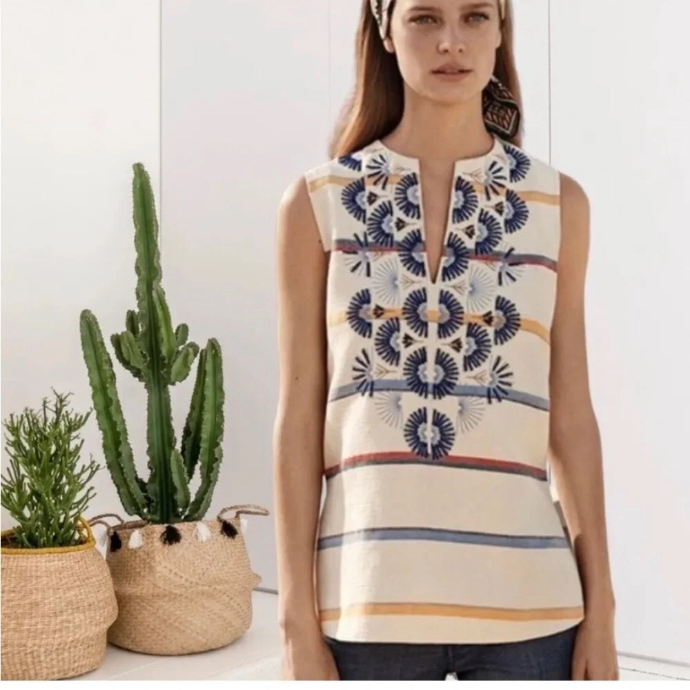 Tory Burch “Avery” Tunic with Navy Embroidery, and Multi-Colored Striped Body